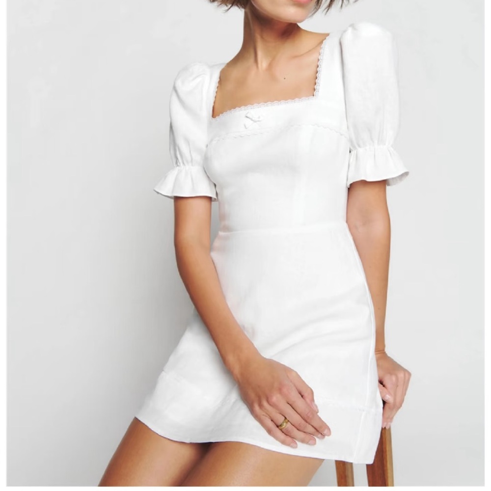 Reformation Evianna Linen Square Neck White Puff Sleeve Mini Dress